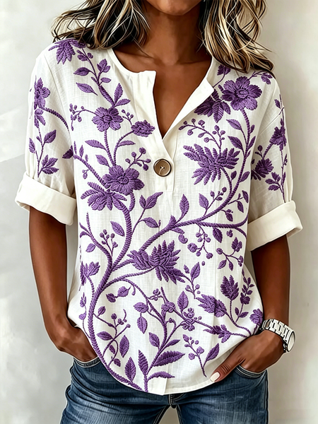 V Neck Half Sleeve Floral Regular Loose Shirt For Women