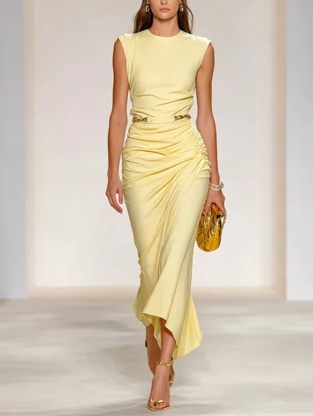 Elegant Plain Grommets Crew Neck Midi Dress