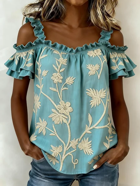 

Off The Shoulder Short Sleeve Floral Regular Loose Blouse For Women, Green, Blouses