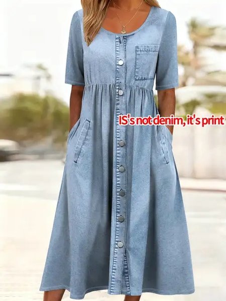 

Women Faux Denim Print Graphic Summer Dress Crew Neck Half Sleeve A-Line Dress, Denim blue, Dresses