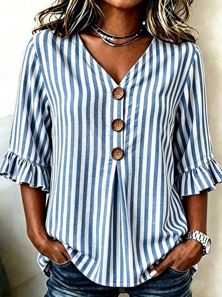 

V Neck Short Sleeve Striped Regular Regular Fit Blouse For Women, Blue, Blouses