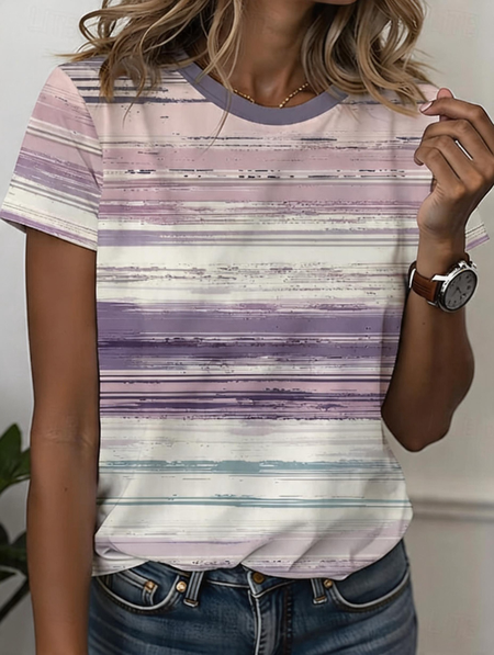

Vintage Striped Crew Neck Short Sleeve T-shirt, Purple, T-shirts