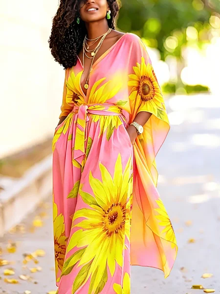 Vacation Floral Printing Notched Blouse