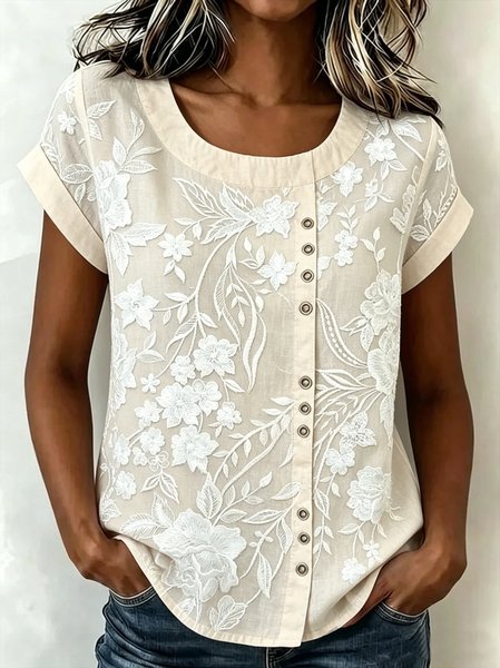 

Crew Neck Short Sleeve 3D Printing Regular Loose Blouse For Women, Apricot, Blouses