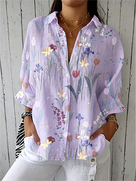Shirt Collar Three Quarter Sleeve Floral Regular Loose Shirt For Women