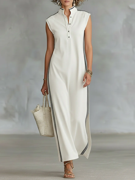 

Casual Color Block Split Joint Shirt Collar Maxi Dress, White, Maxi Dresses