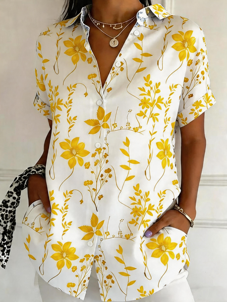 Shawl Collar Short Sleeve Floral Regular Regular Fit Shirt For Women