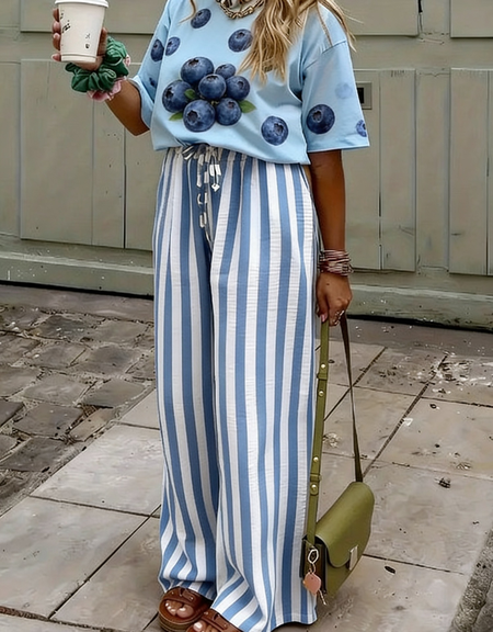 

Women Striped Long Pants Casual Spring/Fall Trousers, Light blue, Pants