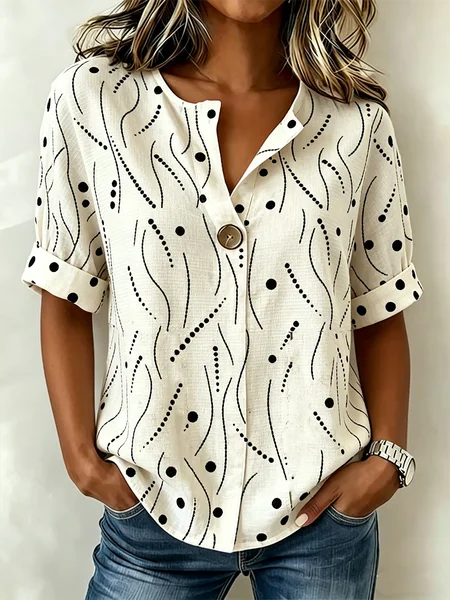 

V Neck Half Sleeve Geometric Regular Loose Shirt For Women, Apricot, Blouses