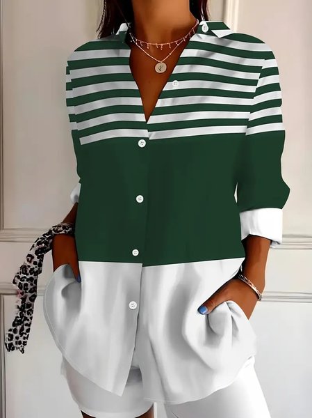 

Shirt Collar Long Sleeve Striped Regular Loose Shirt For Women, Green, Shirts