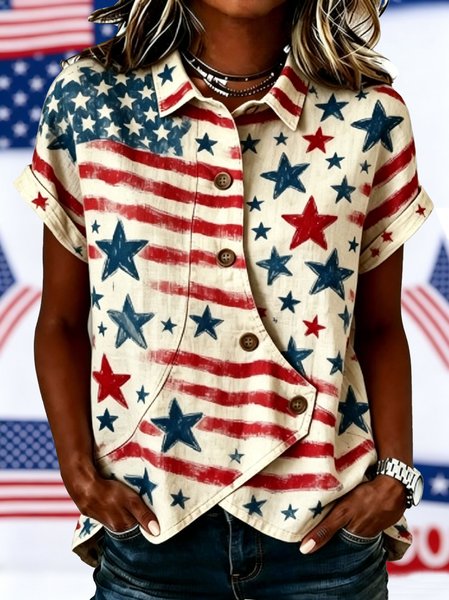 

Shawl Collar Short Sleeve America Flag Regular Loose Shirt For Women, As picture, Shirts
