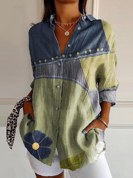 

Shirt Collar Regular Sleeve Long Sleeve Floral Buckle Regular Loose Button Up Shirt Shirt For Women, As picture, Shirts