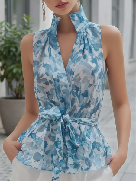 Urban Floral Buttoned Mock Neck Shirt With Belt