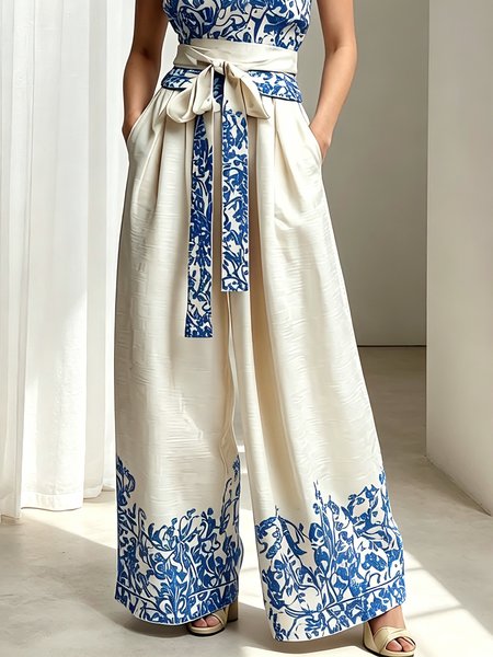 

Elegant Geometric Wide Leg Pants, Blue, Pants