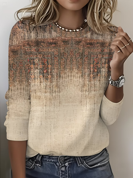 

Women Abstract Long Sleeve Tee T-shirt Crew Neck Printing Casual Graphic Tee Spring/Fall Top, Khaki, T-Shirts