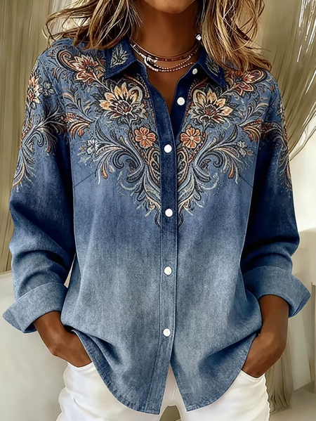 

Shirt Collar Long Sleeve Floral Regular Loose Shirt For Women, Denim blue, Shirts