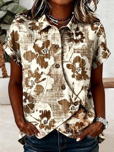 

Shawl Collar Short Sleeve Floral Regular Loose Shirt For Women, As picture, Blouses