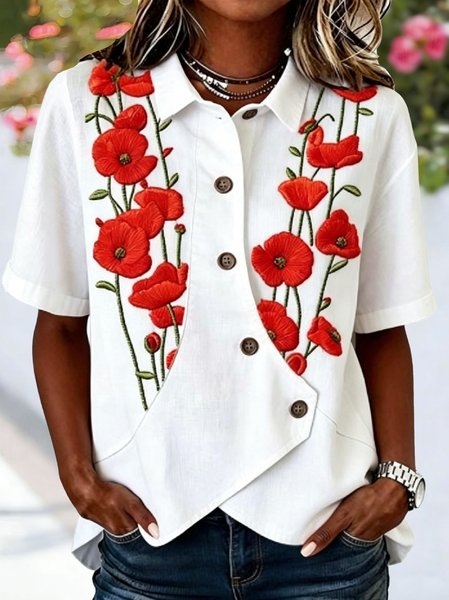 

Shawl Collar Short Sleeve 3D Printing Regular Loose Shirt For Women, White, Shirts