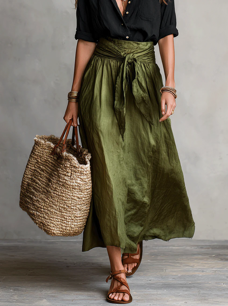 Casual Bow Plain Midi Skirt