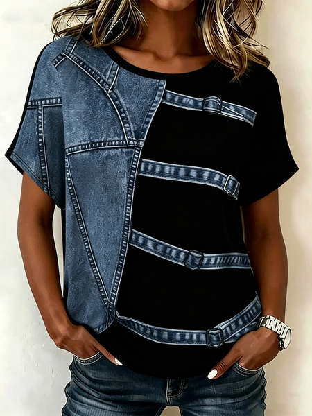 Vintage Faux Denim Print Graphic Crew Neck Short Sleeve T-shirt