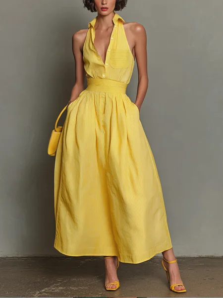 Urban Striped Printing Shirt Collar Maxi Dress