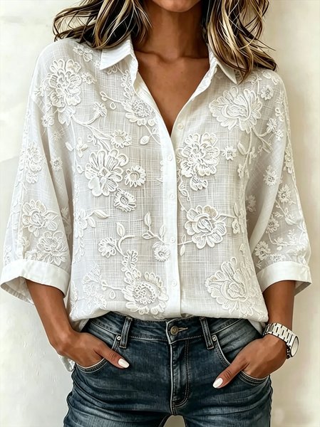 

Shawl Collar Half Sleeve Floral Regular Loose Shirt For Women, As picture, Shirts
