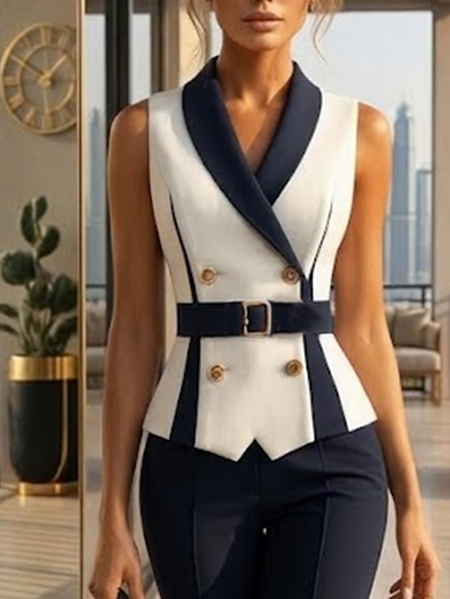 Urban Buttoned Color Block Shawl Collar Vest With Belt