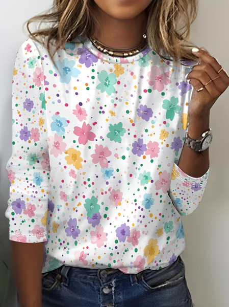 

Casual Floral Crew Neck Long Sleeve T-shirt, White, T-shirts