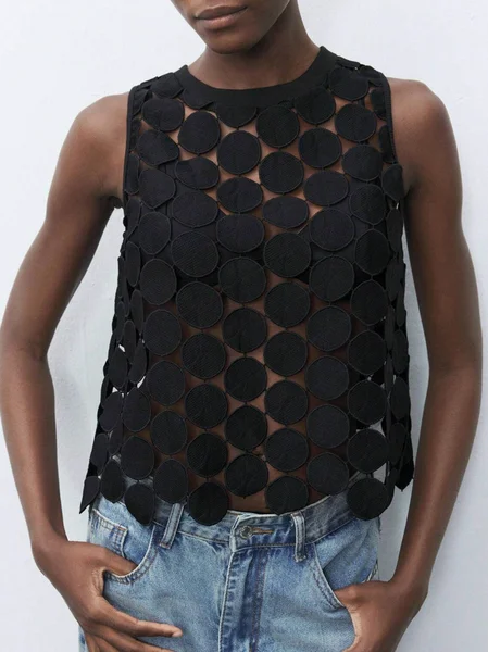 Casual Plain Hollow Out Crew Neck Blouse