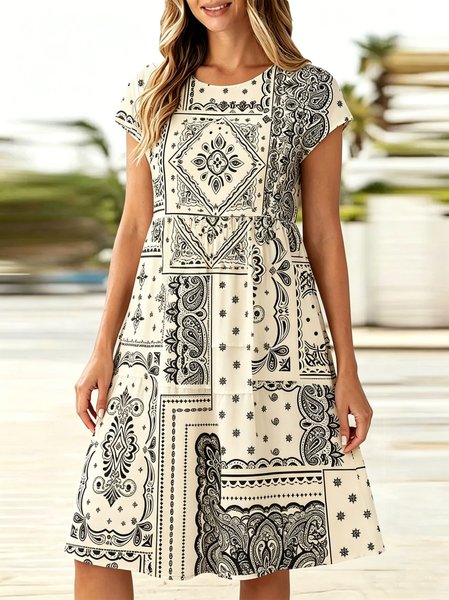 Women Floral Summer Dress Crew Neck Cap Sleeve Fit & Flare Dress A-Line Dress