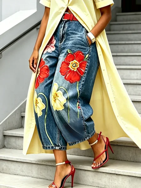 

Loose Urban Denim Floral Jeans, As picture, Jeans