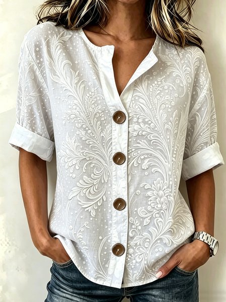 

Stand Collar Three Quarter Sleeve Floral Regular Loose Shirt For Women, As picture, Shirts