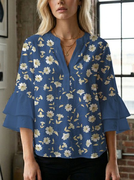 

V Neck Three Quarter Sleeve Floral Regular Loose Blouse For Women, Color9, Blouses