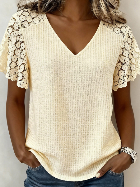 

Casual Plain V Neck Short Sleeve T-shirt, As picture, T-shirts