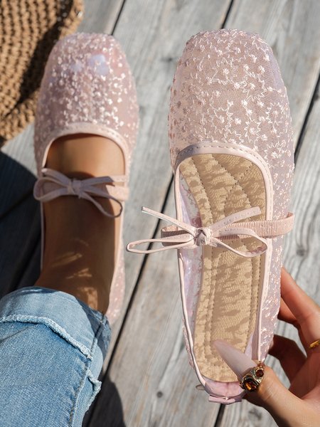 

Casual Color Block Breathable Slip On Flat Heel Slide Sandals Embroidery, Pink, Slippers