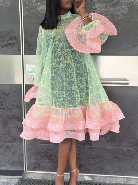 Elegant Abstract Printing Stand Collar Midi Dress