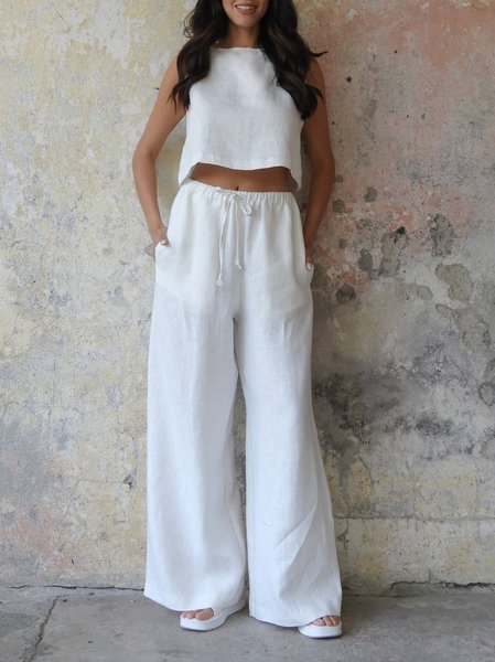 

Women Plain Split Joint Two-Piece Set Daily Sleeveless Casual Summer Top With Pants Matching Set, White, Sets