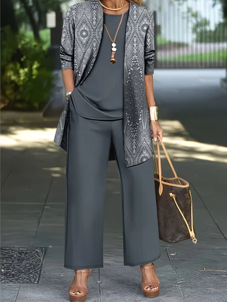 

Women Abstract Printing Matching Outfit Daily Long Sleeve Casual Spring/Fall Multi-Piece Set Matching Set, Gray, Sets