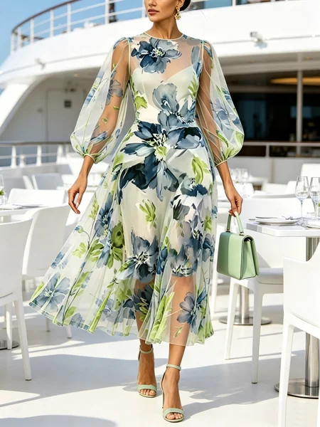 Elegant Floral Balloon Sleeve Printing Crew Neck Midi Dress