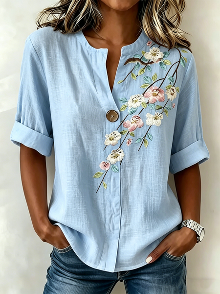 

V Neck Half Sleeve Floral Regular Loose Shirt For Women, Blue, Blouses