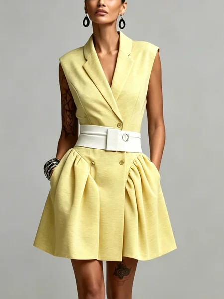 Urban Plain Ruched Lapel Collar Mini Dress No Belt