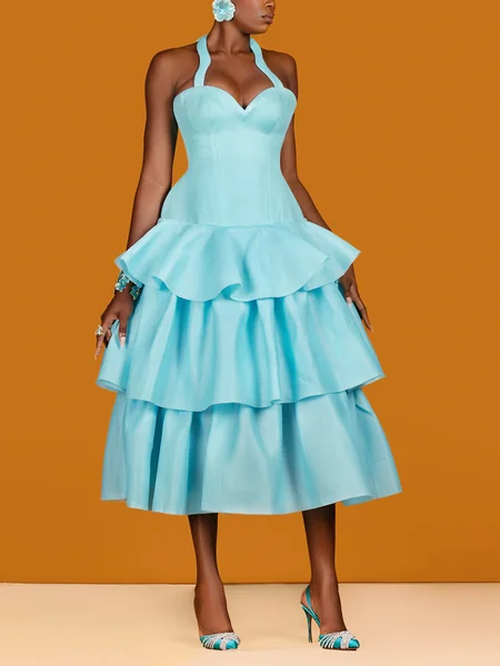 Elegant Plain Folds Halter Neck Midi Dress