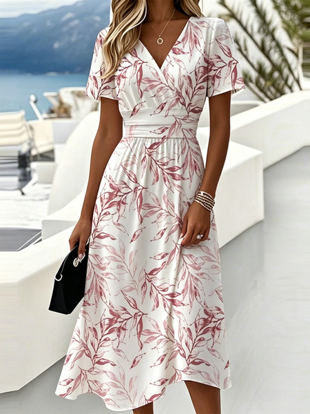 Women Leaf Summer Dress V Neck Short Sleeve Beach Dress A-Line Dress