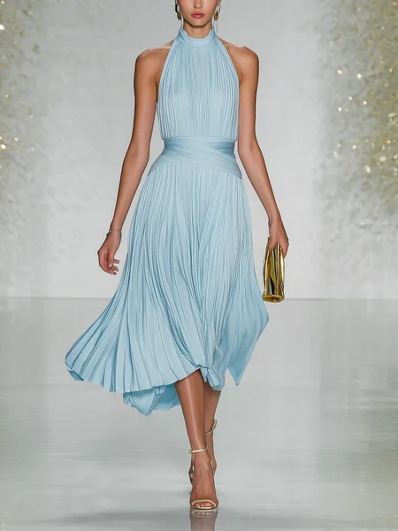 Elegant Plain Ruched Halter Neck Midi Dress