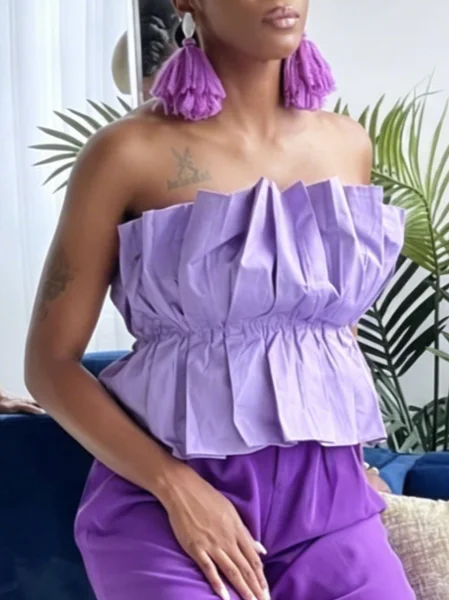 Casual Plain Gathered Strapless Blouse