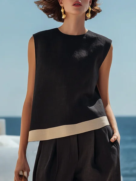 Cotton And Linen Casual Color Block Split Joint Crew Neck Blouse