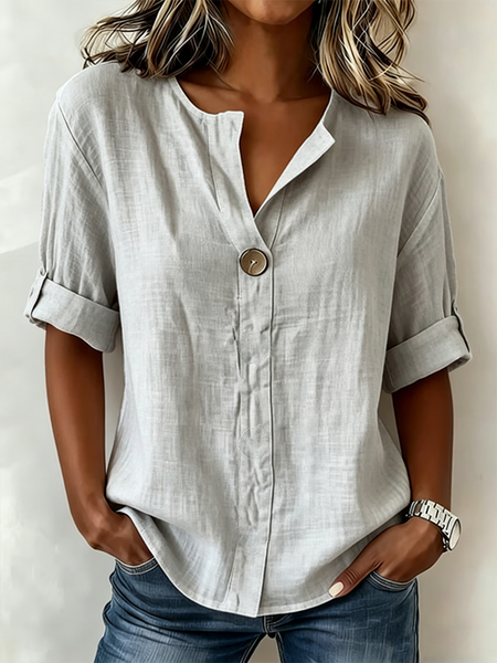 V Neck Half Sleeve Plain Regular Loose Shirt For Women