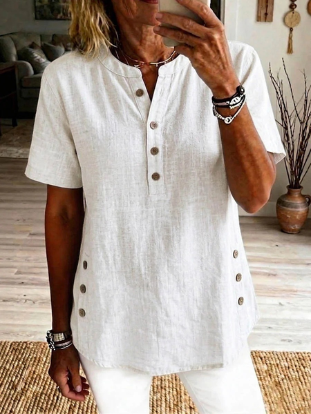 

Stand Collar Short Sleeve Plain Regular Loose Shirt For Women, White, T-shirts