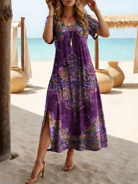 Women Abstract Summer Printing Dress Crew Neck Short Sleeve T-Shirt Dress H-Line Dress