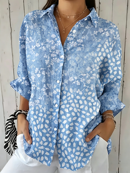 

Shirt Collar Three Quarter Sleeve Floral Regular Loose Shirt For Women, Blue, Shirts